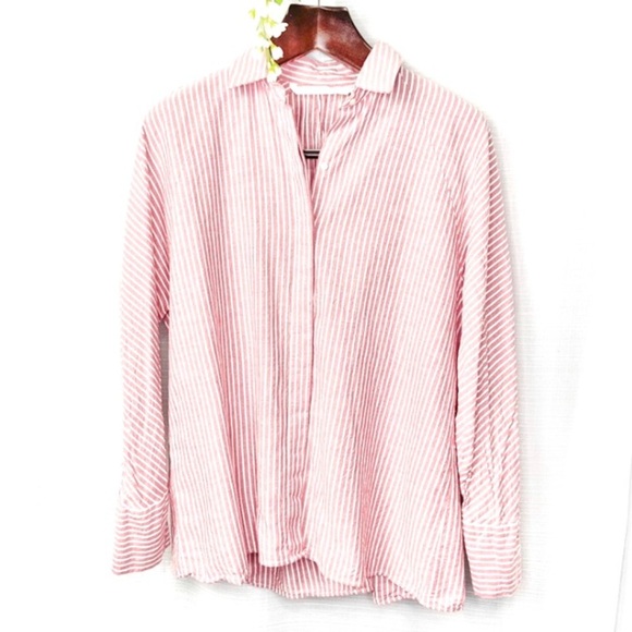Zara Trafaluc•red white stripe oversized button down top back button detail - Picture 1 of 7